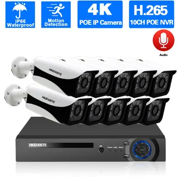 10-канальный 4K POE NVR Система видеонаблюдения, аудиозапись на открытом воздухе, система камер видеонаблюдения Bullet, 8-канальный комплект видеонаблюдения, 8MP