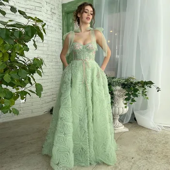 2023 Новый стиль, Элегантные светло-зеленые Длинные платья для выпускного вечера, Украшенные бисером, Бантиком, Милыми Плиссированными Оборками, Великолепные вечерние платья