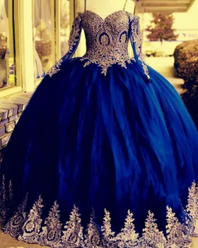 ANGELSBRIDEP Королевское Синее Золотое Бальное Платье С Аппликацией, Пышное Платье С Длинными Рукавами, Тюлевое Милое Вечернее Платье 16 15, Vestidos De Fiesta