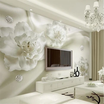 beibehang Пользовательские настенные фрески для гостиной из трехмерного шелка с большими белыми жемчужными цветами, непринужденные фотообои для гостиной