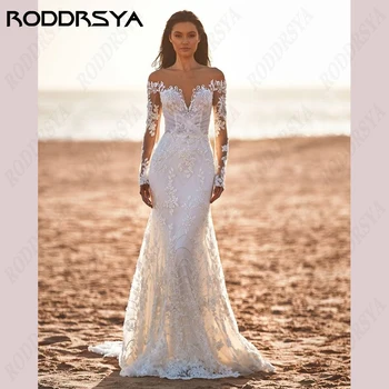 RODDRSYA Свадебное платье Русалки для женщин, элегантное пляжное свадебное платье с круглым вырезом, свадебное платье с длинными рукавами и пуговицами сзади