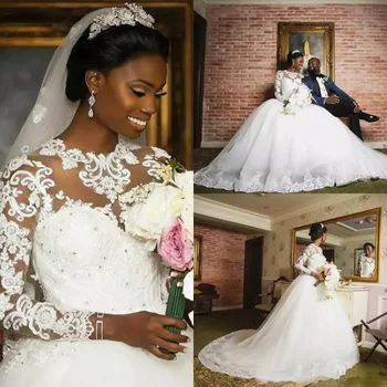 Африканские свадебные платья с высоким вырезом, бальные платья, шлейф, Кружевные аппликации, Свадебные платья, Платья Vestidos De Noiva