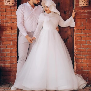 Белые мусульманские свадебные платья для невесты с высоким воротом, длинным рукавом, трапециевидный тюль, расшитый жемчугом, бисером, хиджаб, женские свадебные платья для сада и пляжа