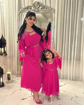 Вечерние платья для выпускного вечера из бисера, шифона, трапециевидной формы, с длинными расклешенными рукавами, с рюшами длиной до щиколоток, вечерние платья для родителей и детей из Саудовской Аравии