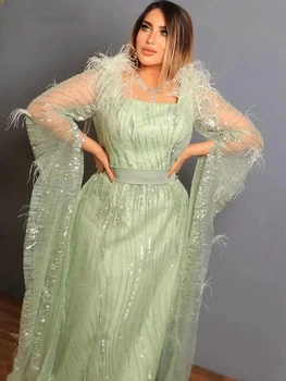 Вечерние платья из Дубая с мятно-зелеными перьями для женщин, свадебная вечеринка 2023, Элегантные вечерние платья с пайетками в арабском стиле для выпускного вечера, халат