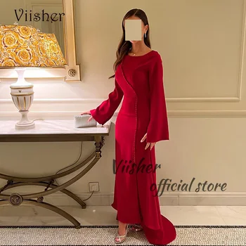Вечерние платья Русалки из красного атласа Viisher с длинным рукавом и круглым вырезом, свадебное платье в Дубае с разрезом, вечерние платья для выпускного вечера
