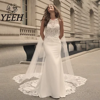 ДА, свадебное платье с кружевными аппликациями, элегантное свадебное платье из атласа русалки, иллюзия холтерной шеи, шлейф Vestido De Noiva для невесты