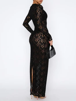 Женское кружевное длинное платье Винтажное с длинным рукавом и круглым вырезом, однотонное облегающее платье, вечернее платье