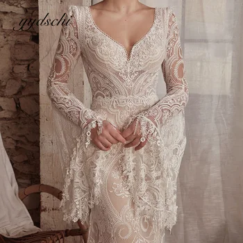Изысканное свадебное платье с расклешенными рукавами для женщин, иллюзия футляра, V-образный вырез, кружевные свадебные простые платья в пол с открытой спиной, пляжные