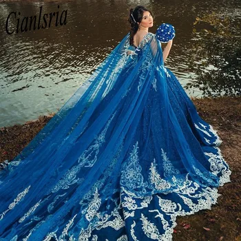 Королевские синие пышные платья, платье принцессы с цветочным рисунком, расшитое бисером, День рождения, Vestido De 15 Anos