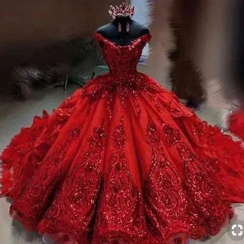 Красное бальное платье, Пышные Платья С открытыми плечами, Пышная Многоуровневая юбка, Милое платье 16, Аппликация из пайеток, Расшитое бисером, Vestidos De 15 Años