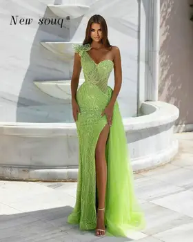 Лаймово-зеленые Длинные вечерние платья на одно плечо со шлейфом сбоку, сексуальные вечерние платья русалки с высоким разрезом, арабские блестящие вечерние платья