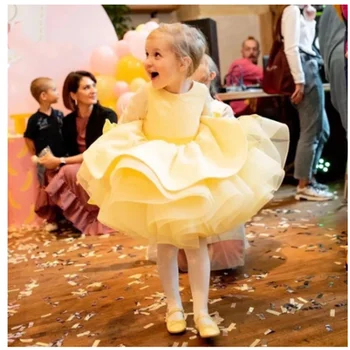 Летние роскошные пышные свадебные платья с желтыми пятнами для девочек-цветочниц, детское платье для выпускного вечера длиной до колен, платье для дня рождения, костюмы принцессы для девочек