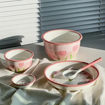 Набор керамической посуды в виде розового тюльпана, включающий тарелки и миски, домашнее подглазурное украшение в виде сердца для девочек, тарелка-ложка для красоты на одного человека