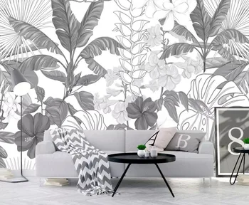 Нестандартный размер, черно-белый тропический лес, банановый лист, садовые обои, спальня, гостиная, ТВ, фон, стена, 3D обои