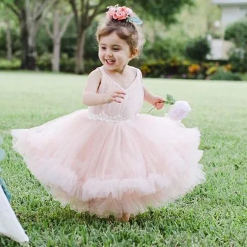 Розовое кружевное платье в цветочек для девочки, милое платье принцессы из тюля с V-образным вырезом для маленькой девочки, платье для свадьбы, дня рождения, первого причастия