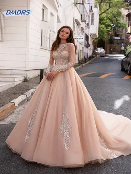 Роскошное платье с длинными рукавами и пайетками для невесты, романтическое свадебное платье в пол с круглым вырезом, Элегантное Vestidos De Novia