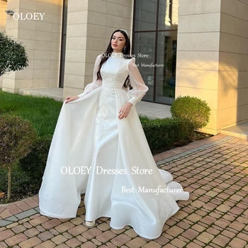 Свадебные платья OLOEY Modest Dubai Arabic С прикрепляемым шлейфом, Кружевами, шелковой Органзой, пышными свадебными платьями с высоким воротом и длинными рукавами.