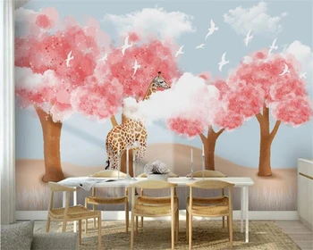 Фото Обои, нарисованные вручную лес, жираф, голубое небо, белые облака, обои для детской комнаты, фон для телевизора, 3D обои