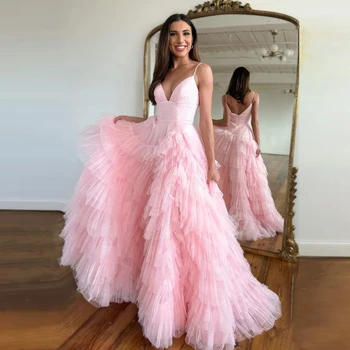 Элегантное розовое многоуровневое тюлевое платье для выпускного вечера 2023, длинное тюлевое платье на бретельках без рукавов, платья для официальных мероприятий