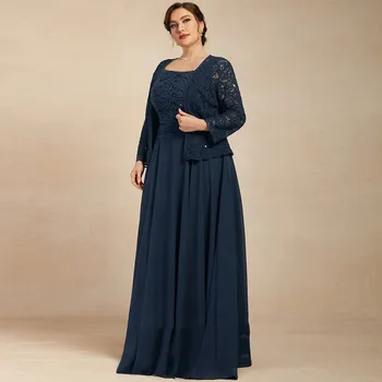 Элегантные темно-синие платья для матери невесты трапециевидной формы, кружевное шифоновое Длинное вечернее платье для выпускного вечера с жакетом для мамы 2023